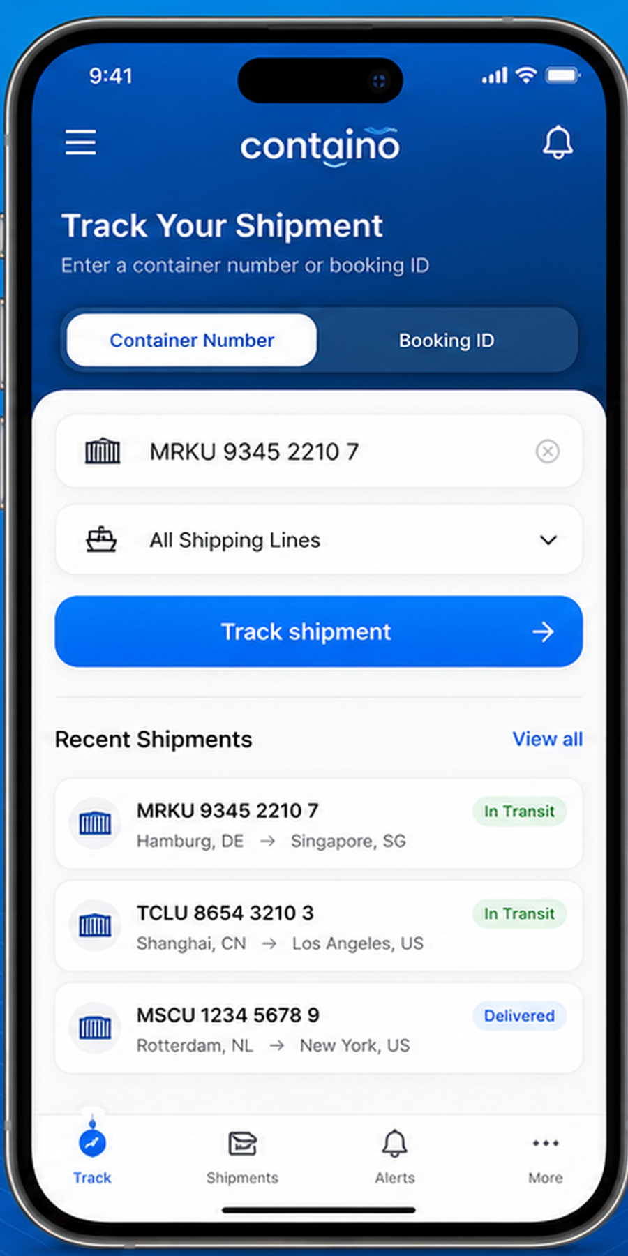 Container number search screen in Containo