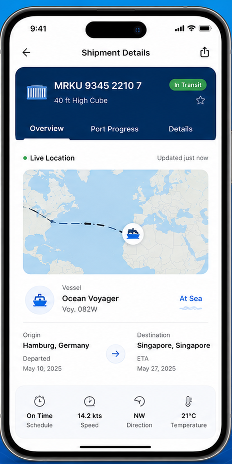 Shipment route progress screen in Containo