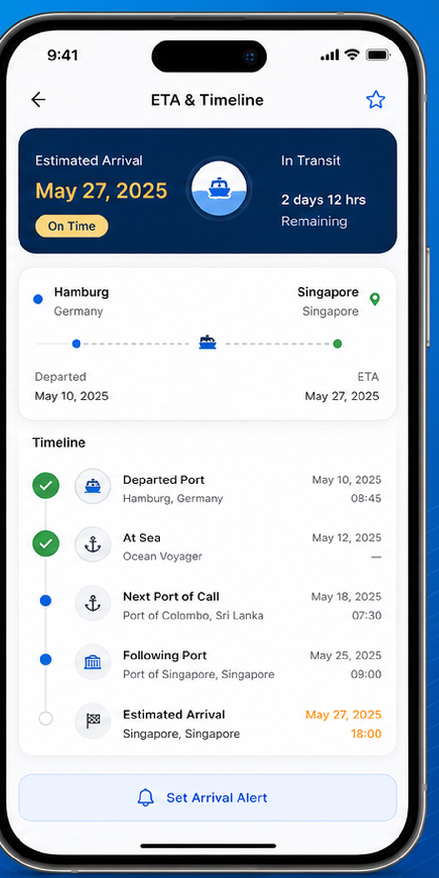Estimated arrival details in Containo